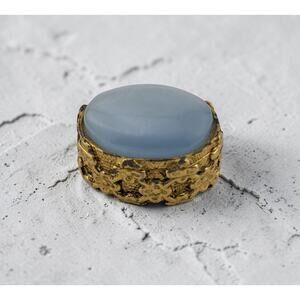 Italian Brass Filigree Gilded Pill Box with Blue Stone Top-Vintage 1inch long